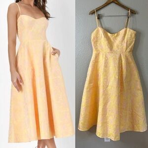 NWOT Meet for Tea Yellow Jacquard Bustier Midi Dress With Pockets